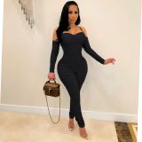 SC Solid Color Ruched Long Sleeve Jumpsuit AIL-199