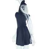 SC Solid Color Halterneck Pleated Mini Dress GJYO-301797