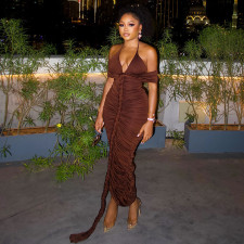 SC Halterneck V Neck Ruched Long Dress GJYO-303530