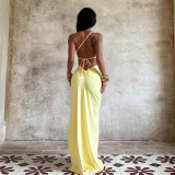 SC Slash Shoulder Backless Split Maxi Dress FL-25159
