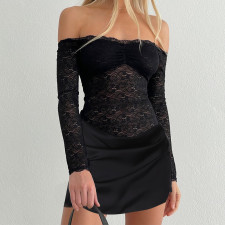 SC Off Shoulder Lace Long Sleeve Mini Dress FL-25434