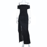 SC Off Shoulder Solid Color Split Maxi Dress FL-25456
