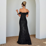 SC Off Shoulder Solid Color Split Maxi Dress FL-25456