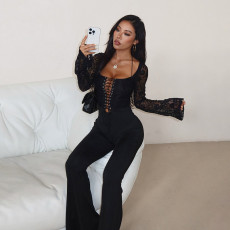 SC Lace Patchwork Long Sleeve Jumpsuit FL-YL25434MHO