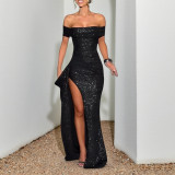 SC Off Shoulder Solid Color Split Maxi Dress FL-25456