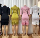 SC V Neck Pleated Ruffles Midi Dress GMYU-10229