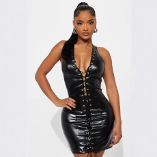 SC PU Leather Sleeveless Bandage Dress GPBY-9988