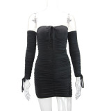 SC Off Shoulder Long Sleeve Pleated Mini Dress YMYF-0902