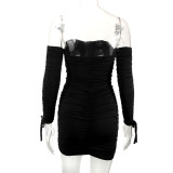 SC Off Shoulder Long Sleeve Pleated Mini Dress YMYF-0902