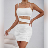 SC Solid Color Sling Hollow Out Ruched Mini Dress YMYF-9262