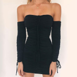 SC Off Shoulder Long Sleeve Pleated Mini Dress YMYF-0902