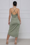 SC Solid Color Sling V Neck Midi Dress XHXF-257