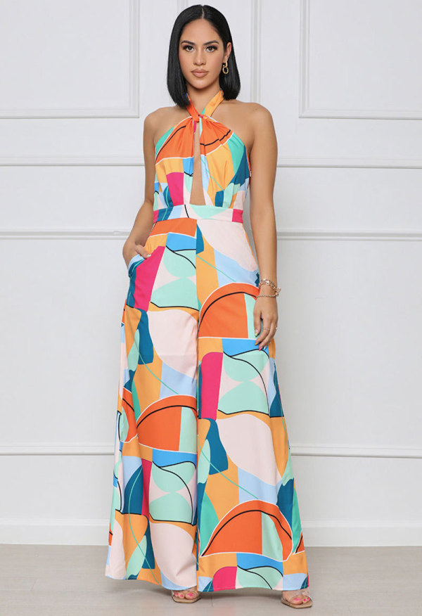 SC Print Halterneck Tie Up Jumpsuit XHXF-8640