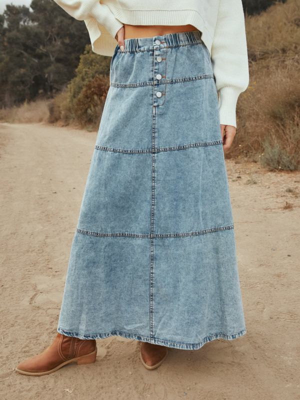 SC Layered Patchwork Denim Long Skirt GYAN-8943