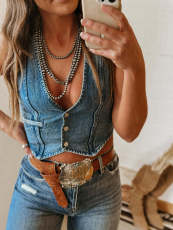 SC Sleeveless Single Breasted V-neck Denim Vest GYAN-9096