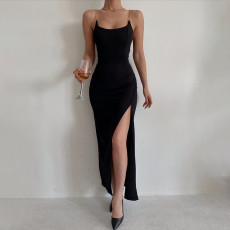 SC Solid Color Chain Sling Split Maxi Dress GZJF-7854