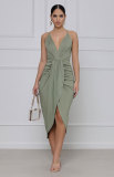 SC Solid Color Sling V Neck Midi Dress XHXF-257