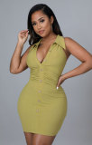 SC Solid Color Lapel Neck Mini Dress XHXF-296