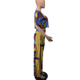 SC Short Sleeve Print Top Wide Leg Pants 2 Piece Set XHXF-8580