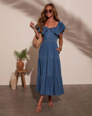SC Off Shoulder Ruffles Denim Maxi Dress GYAN-89112