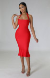 SC Solid Color Halterneck Casual Midi Dress XHXF-357