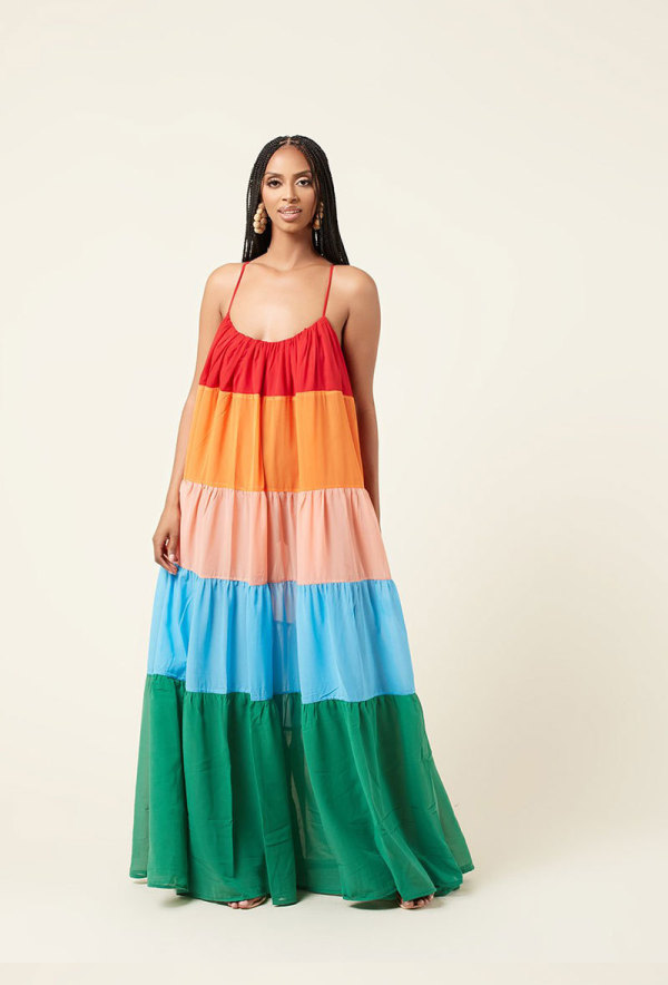 SC Colorful Patchwork Sling Loose Maxi Dress XHXF-253