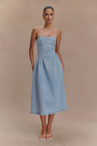 SC Solid Color Sleeveless Denim Sling Midi Dress GYAN-8906