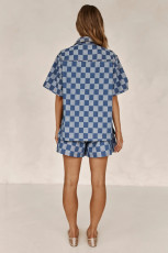 SC Plaid Print Short Sleeve Denim Two Piece Shorts Set GYAN-16883