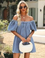 SC Square Puff-sleeve Tie Denim Mini Dress GYAN-13955
