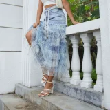 SC Mesh Floral Patchwork Denim Long Skirt GYAN-061