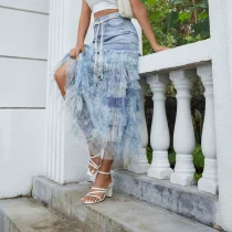SC Mesh Floral Patchwork Denim Long Skirt GYAN-061