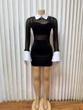 SC Lapel Mesh Patchwork Lapel Zipper Mini Dress GADE-11099