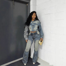 SC Fashion Long Sleeve Hooded Denim Two Piece Pants Set GADE-6722