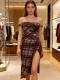 SC Plaid Print Off Shoudler Split Long Dress GADE-11206