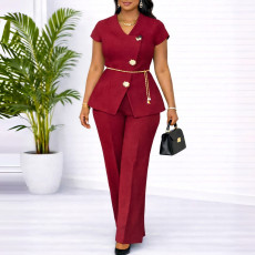 SC Plus Size Button Casual Short-Sleeve Top And Pants Two-Piece Set GATE-618