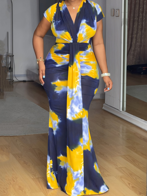 SC Print V Neck Ruchecd Maxi Dress GYLY-10998