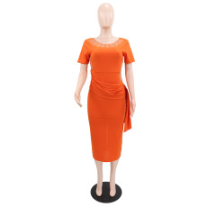 SC Rhinestones Patchwork Short Sleeve Midi Dress GYLY-11125