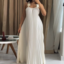 SC Solid Color Press Pleated Sling Maxi Dress GMSF-9439-1