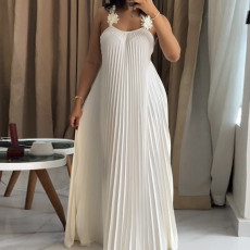 SC Solid Color Press Pleated Sling Maxi Dress GMSF-9439-1