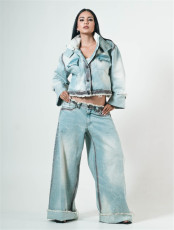 SC Stand Collar Long Sleeve Coat Straight Pants Denim 2 Piece Set YUMT-YMT503