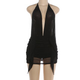 SC Deep V Neck Halterneck Backless Mesh Mini Dress XEF-K6D01882A