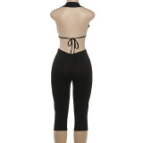 SC Deep V Neck Solid Color Tight Fifth Jumpsuit DLSF-K6Q00634A