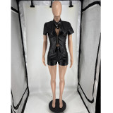 SC Stand Collar Two-Way Zipper Short-Sleeve Top Shorts Set FOSF-8820