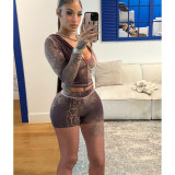 SC Long Sleeve Print Zipper Two Piece Shorts Set FOSF-8819