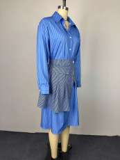 SC Stripe Print Long Sleeve Shirt Two Piece Skirts Set GCNE-72894