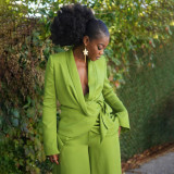 SC Solid Color Blazer Neck Tie Up Wide Leg Pants 2 Piece Set YF-10902