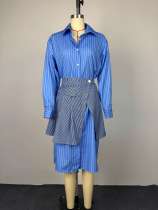 SC Stripe Print Long Sleeve Shirt Two Piece Skirts Set GCNE-72894