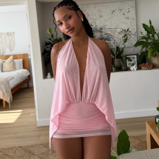 SC Deep V Neck Halterneck Backless Mesh Mini Dress XEF-K6D01882A