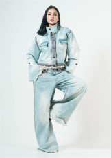SC Stand Collar Long Sleeve Coat Straight Pants Denim 2 Piece Set YUMT-YMT503