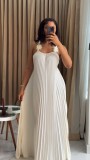 SC Solid Color Press Pleated Sling Maxi Dress GMSF-9439-1
